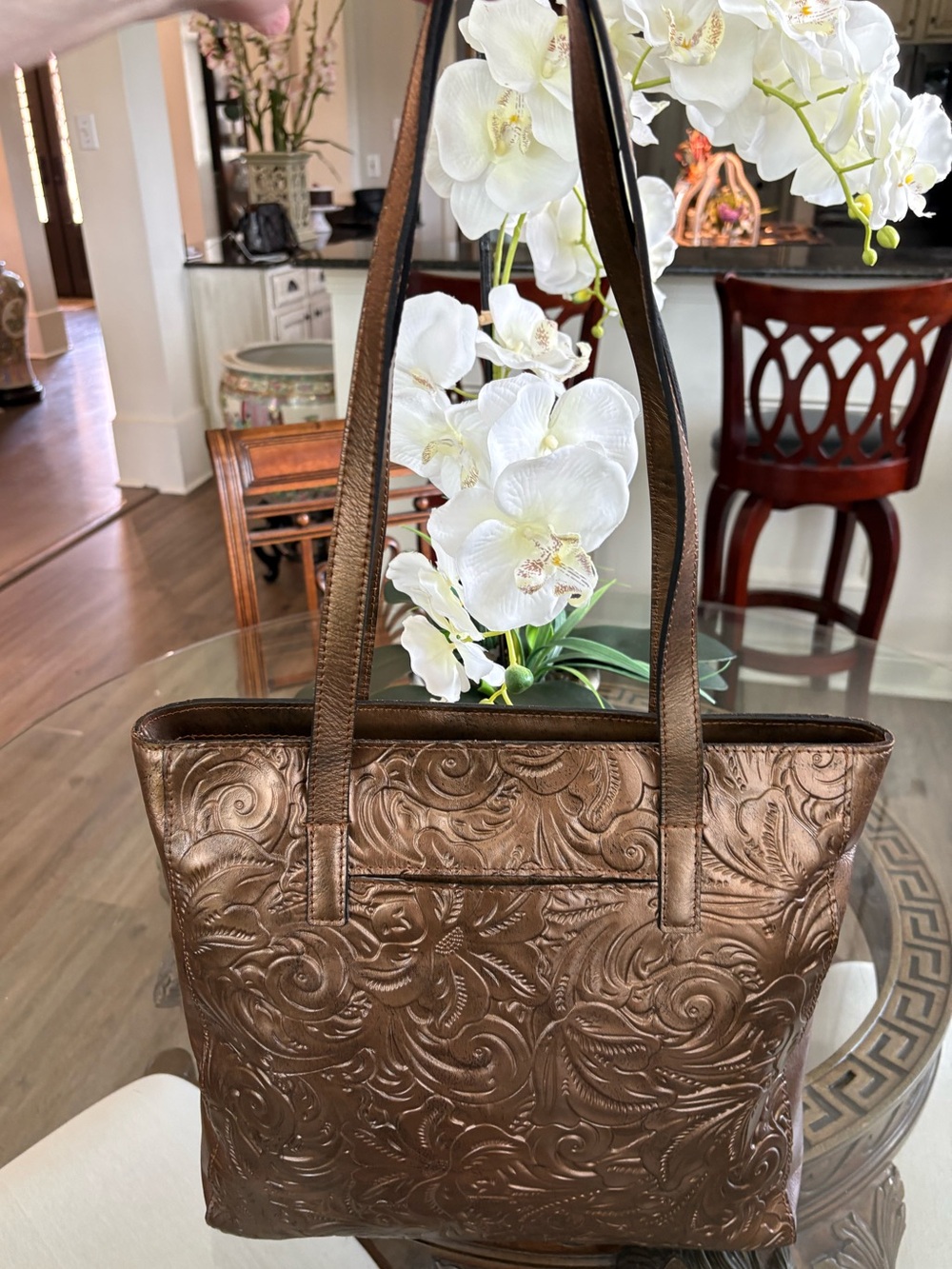 🤎🤎PATRICIA NASH HAND TOOLED METALLIC BRONZE LEATHER TOTE BAG!🤎🤎